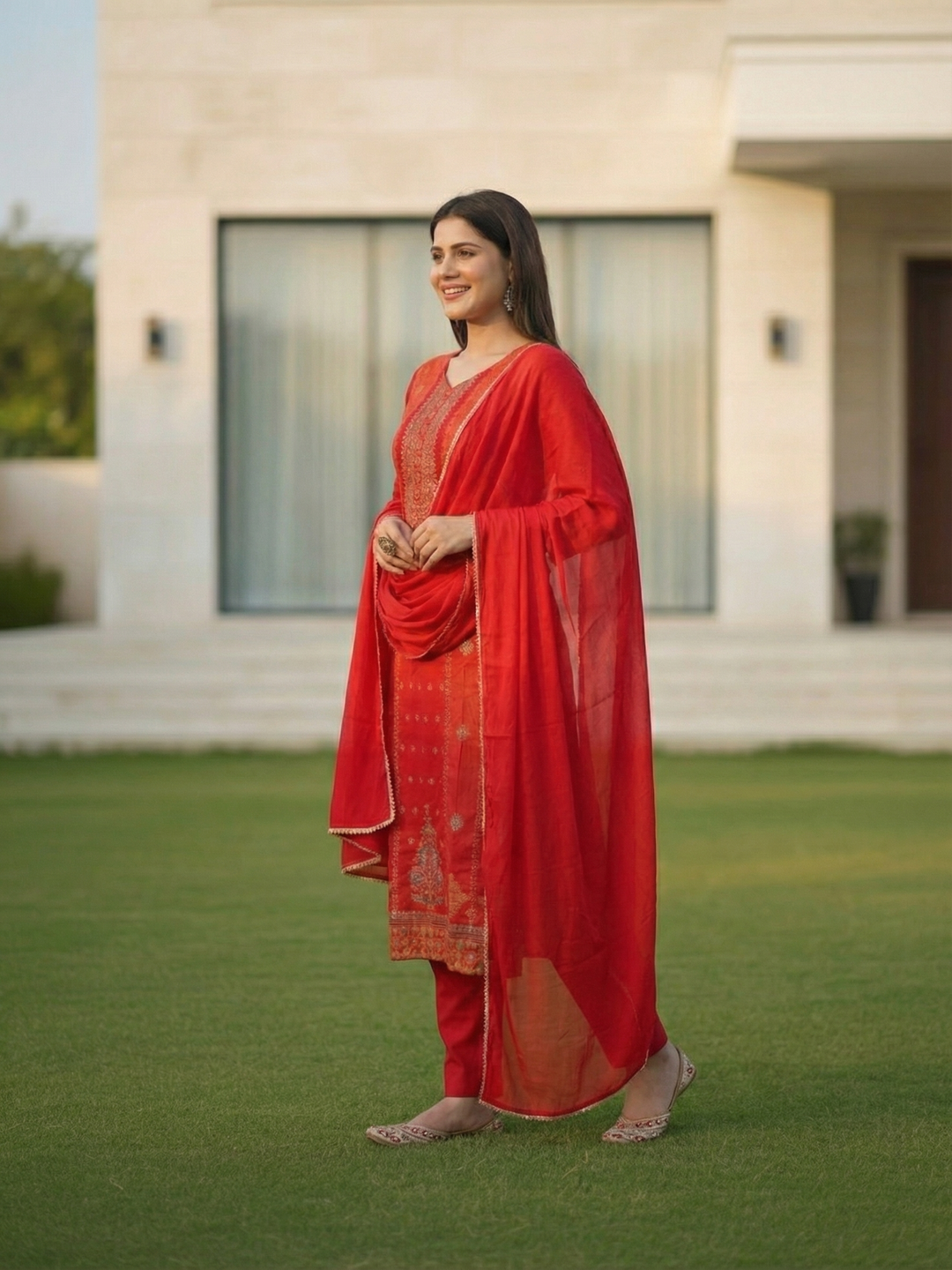 Ethnic Printed & Embroidered Straight Kurta with Pant & Dupatta - Rust