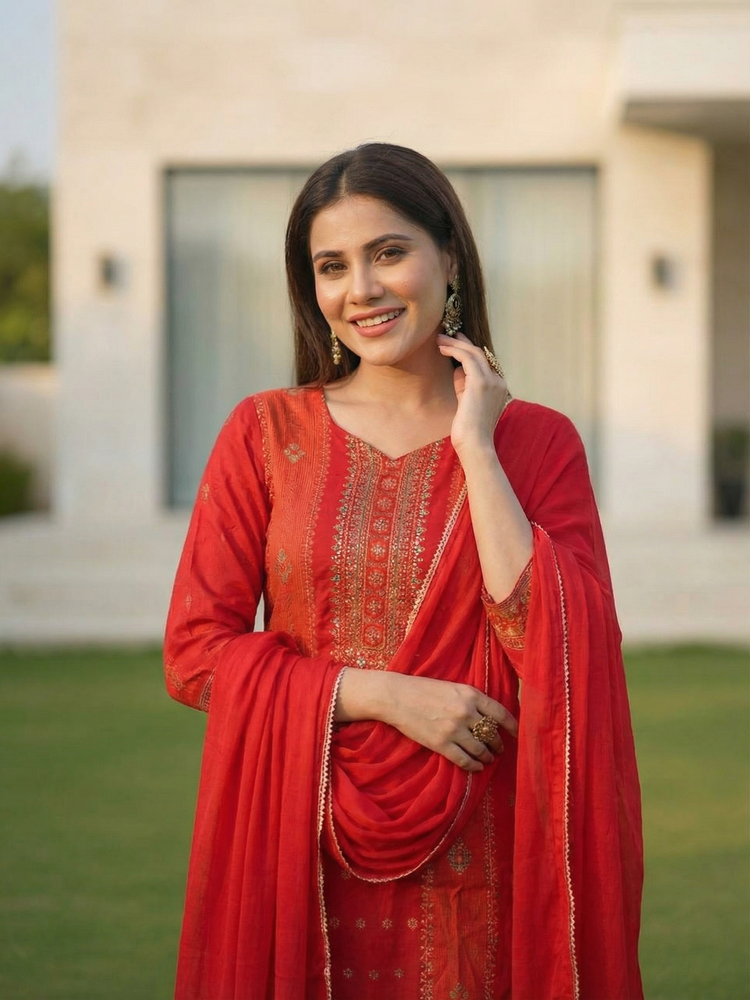 Ethnic Printed & Embroidered Straight Kurta with Pant & Dupatta - Rust