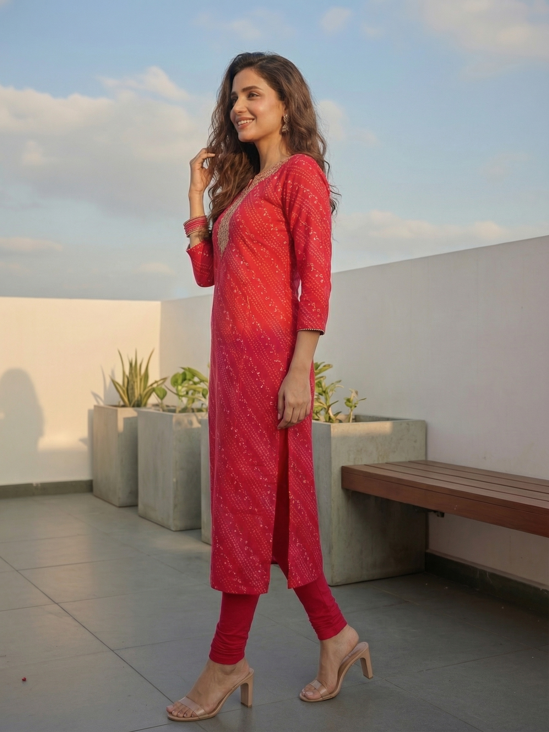 Embroidered Straight Kurta -Red