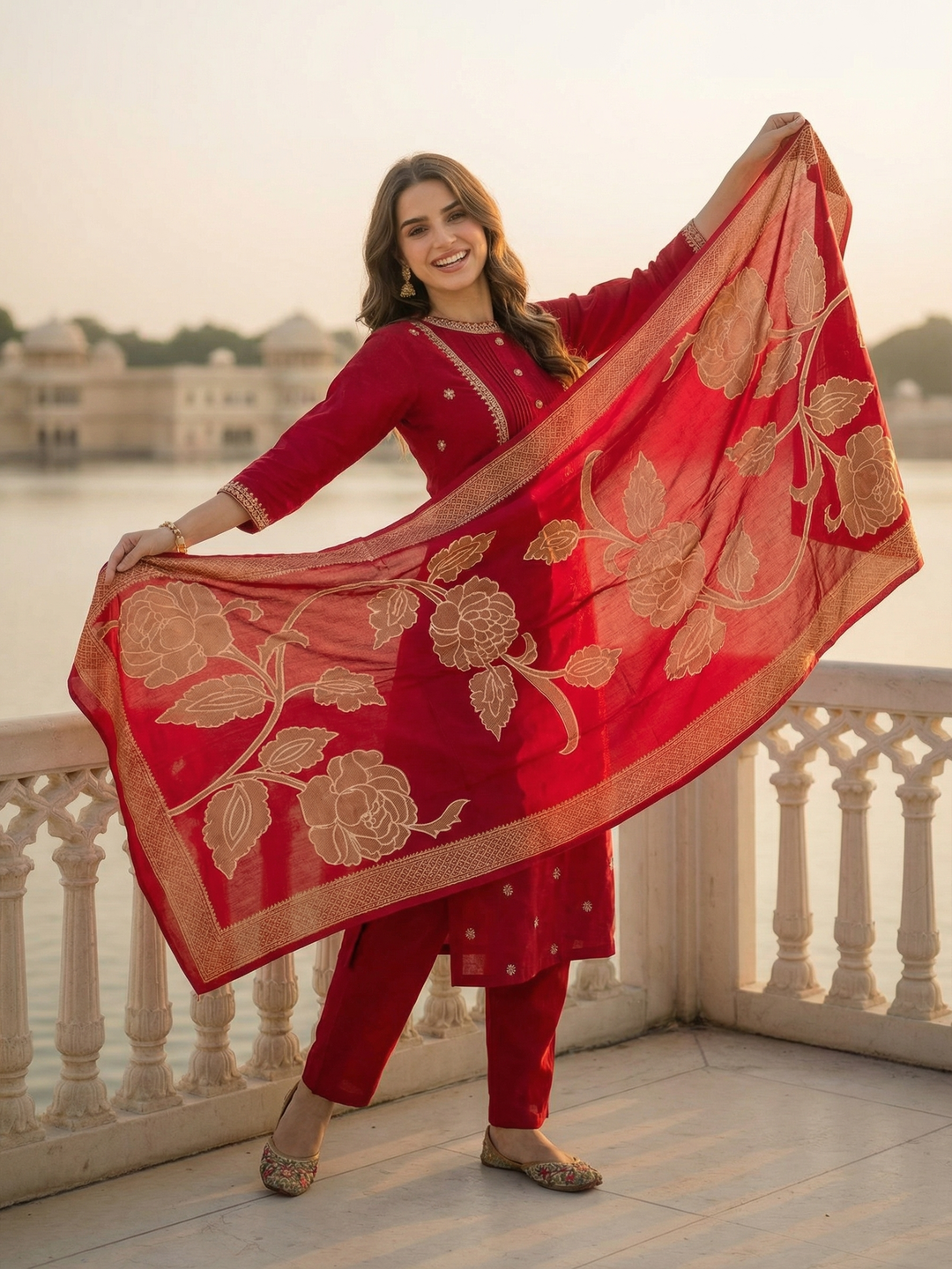 Solid Ethnic Embroidered Straight Kurta with Pant & Dupatta - Maroon
