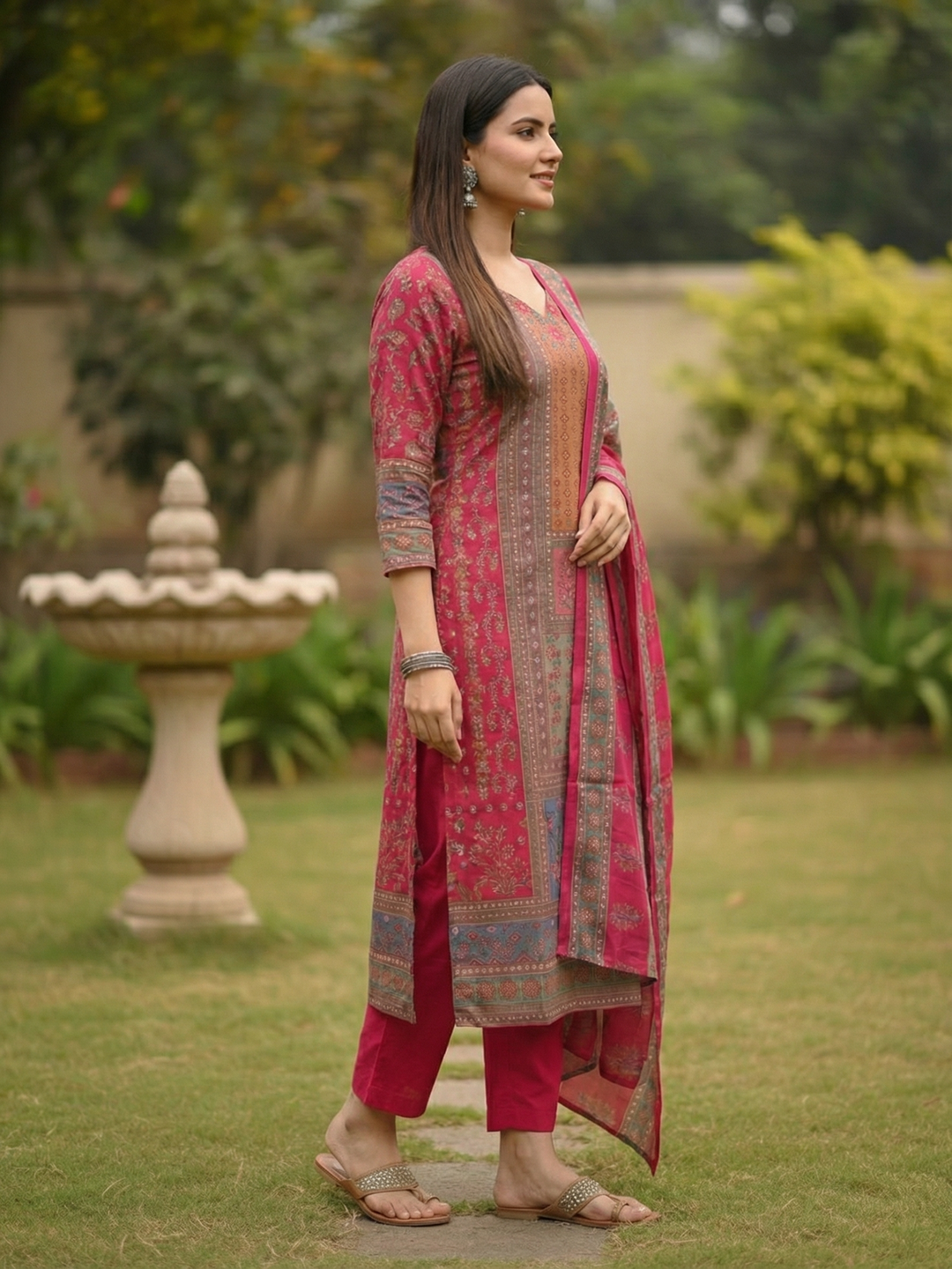 Ethnic Printed & Resham Embroidered Straight Kurta with Pant & Dupatta - Pink