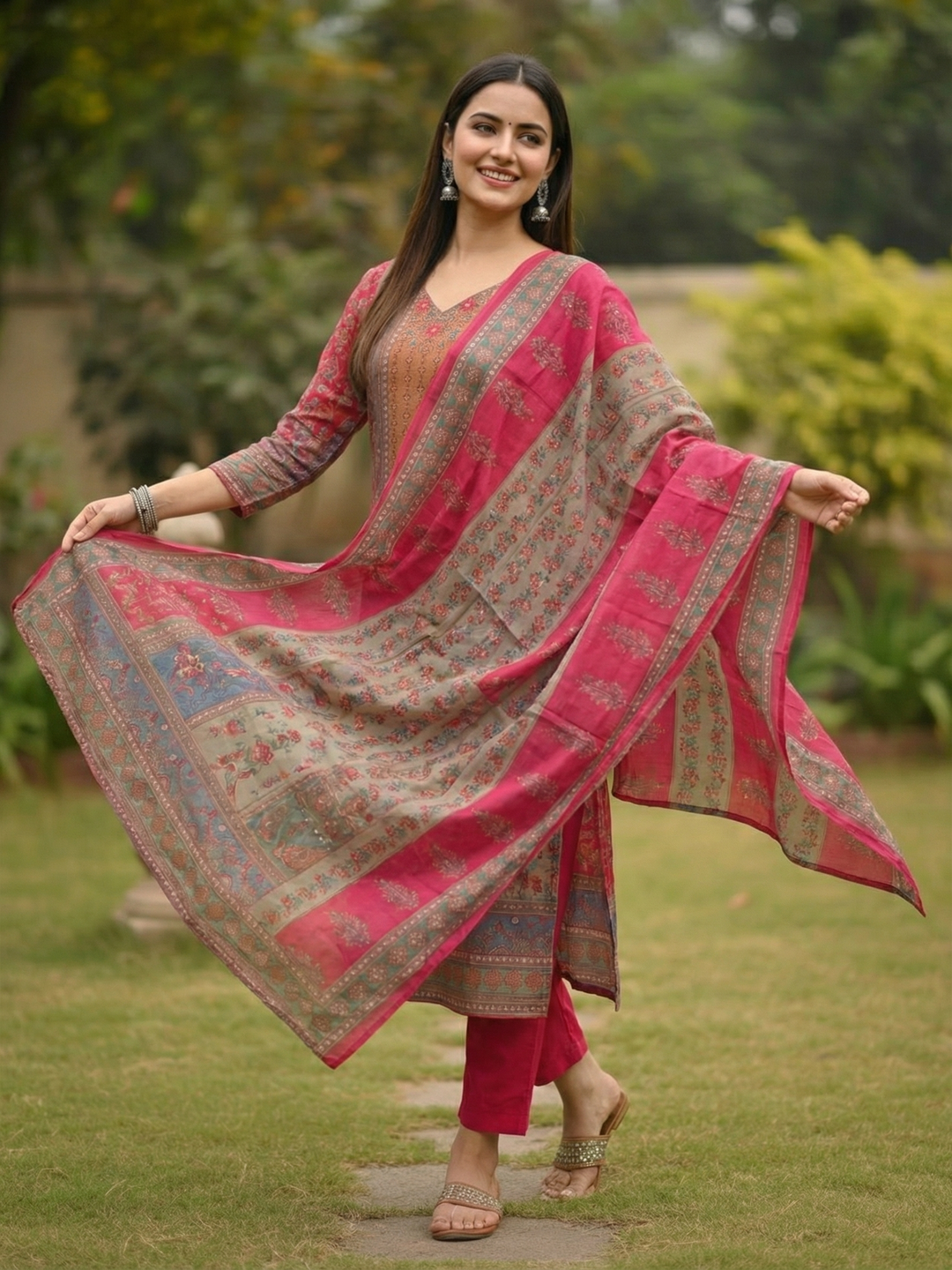 Ethnic Printed & Resham Embroidered Straight Kurta with Pant & Dupatta - Pink