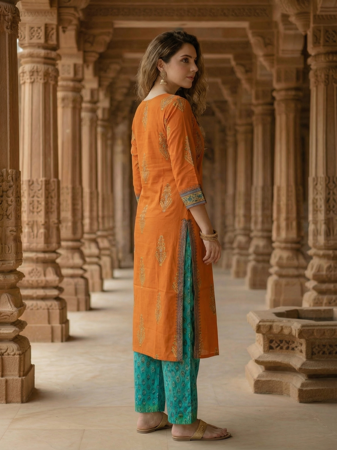 Embroidered Straight Kurta - Rust Orange