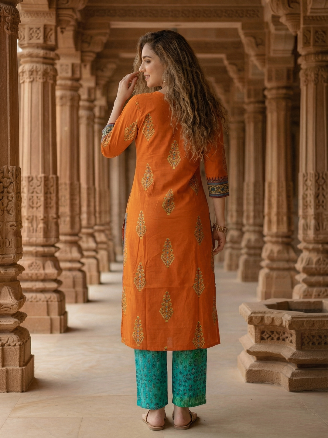 Embroidered Straight Kurta - Rust Orange