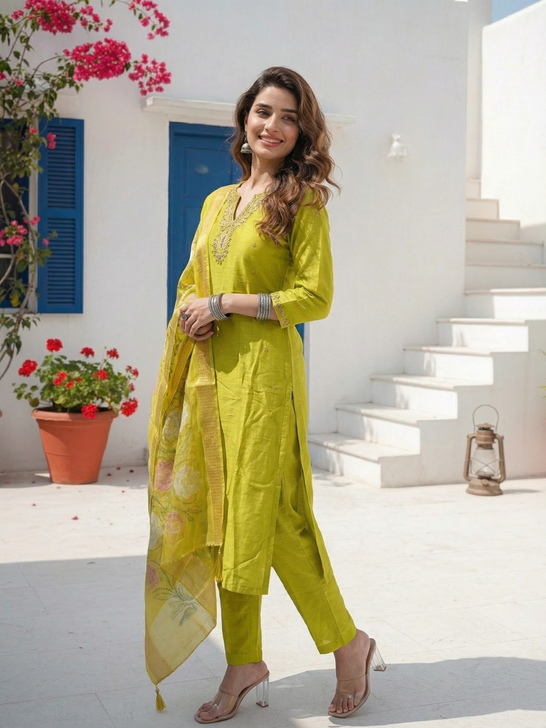 Solid Resham & Hand Embroidered Straight Kurta with Pant & Printed Dupatta - Lime Green