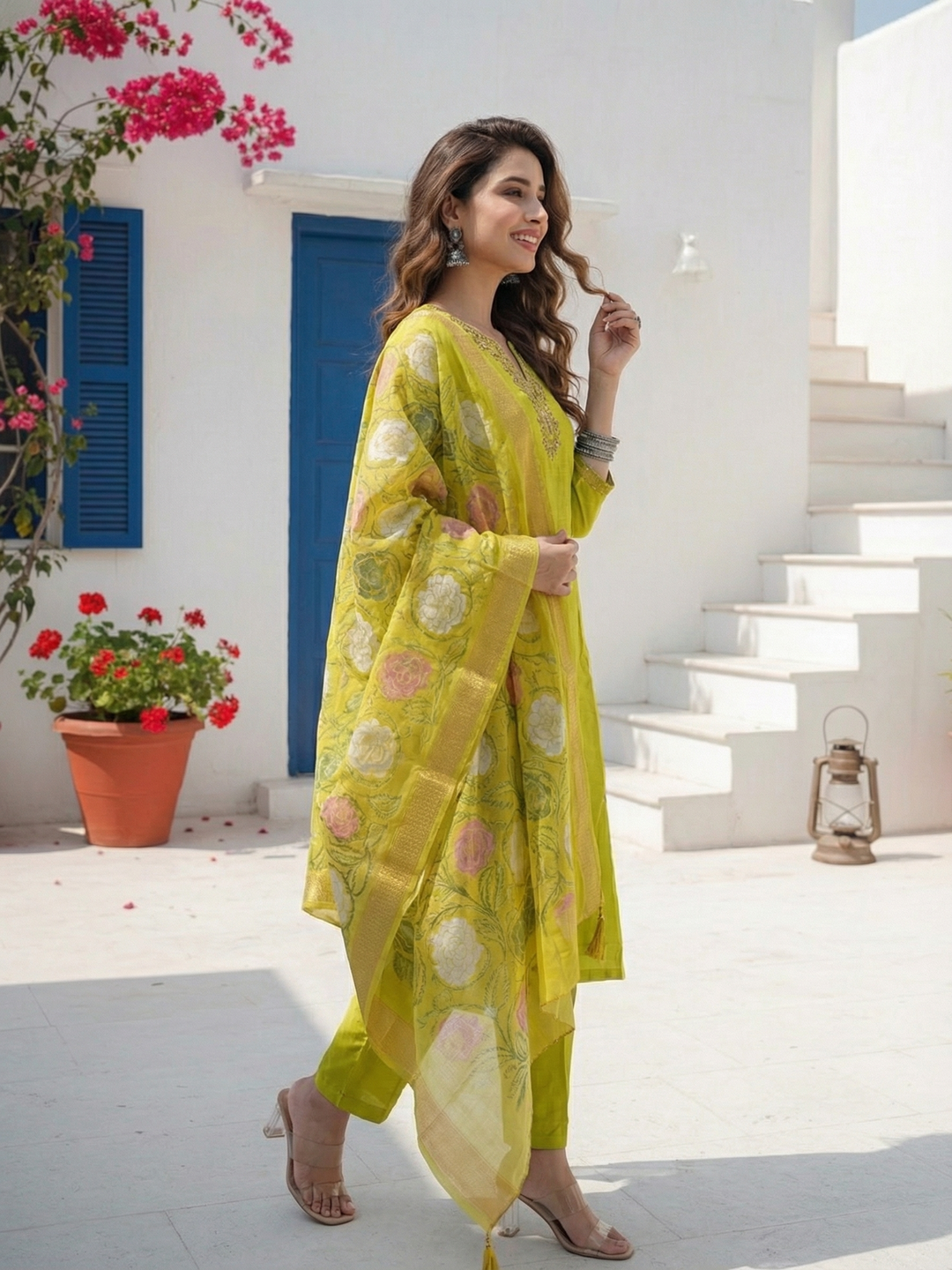 Solid Resham & Hand Embroidered Straight Kurta with Pant & Printed Dupatta - Lime Green
