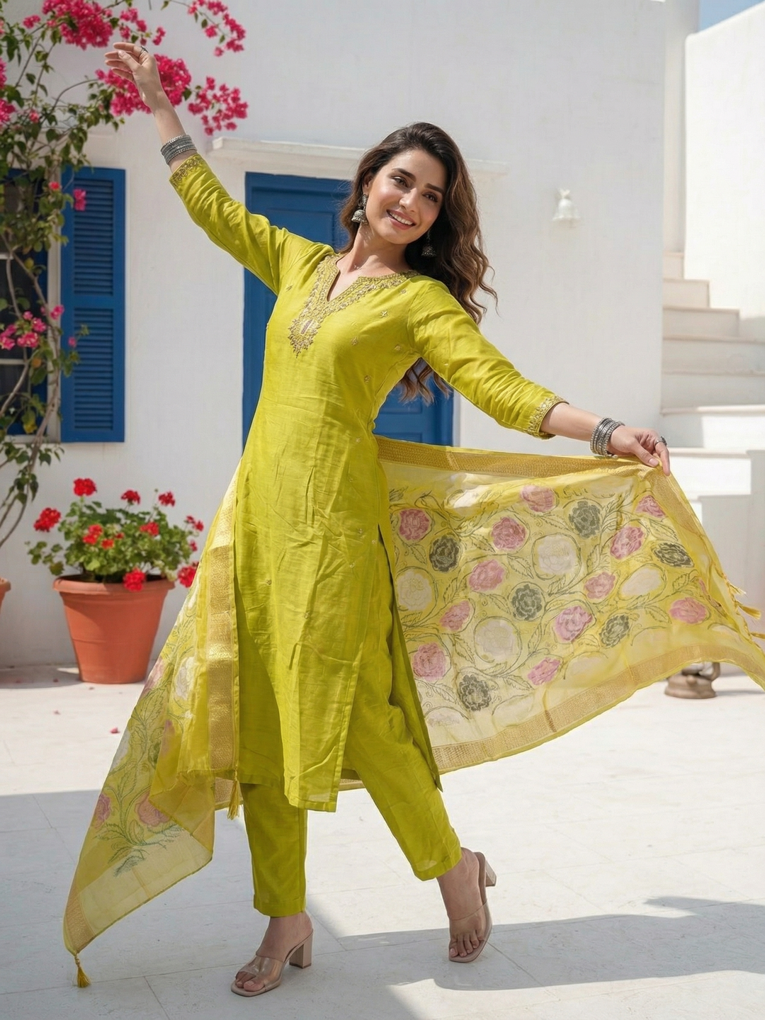 Solid Resham & Hand Embroidered Straight Kurta with Pant & Printed Dupatta - Lime Green