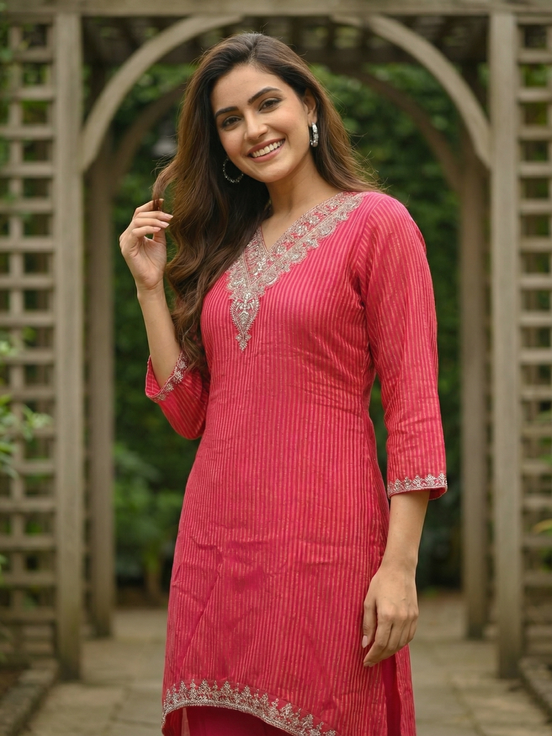 Solid Striped Embroidered A-Line Kurta with Pant - Rani