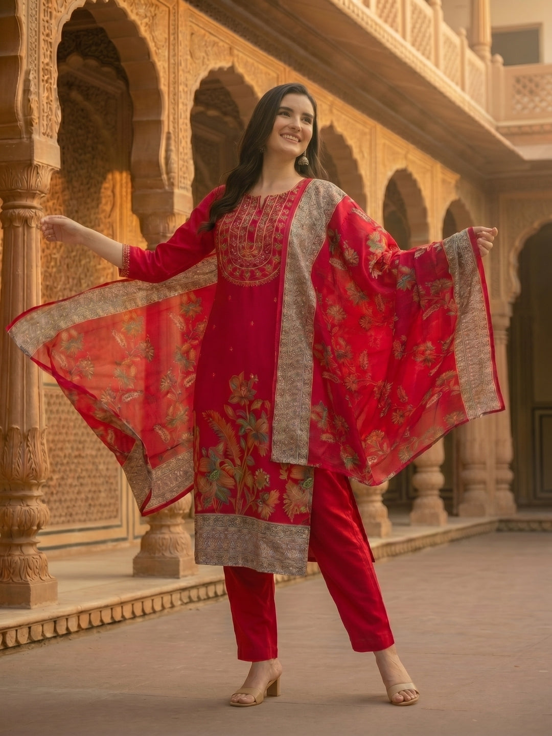 Floral Foil Printed & Embroidered Straight Kurta with Pant & Dupatta - Rani