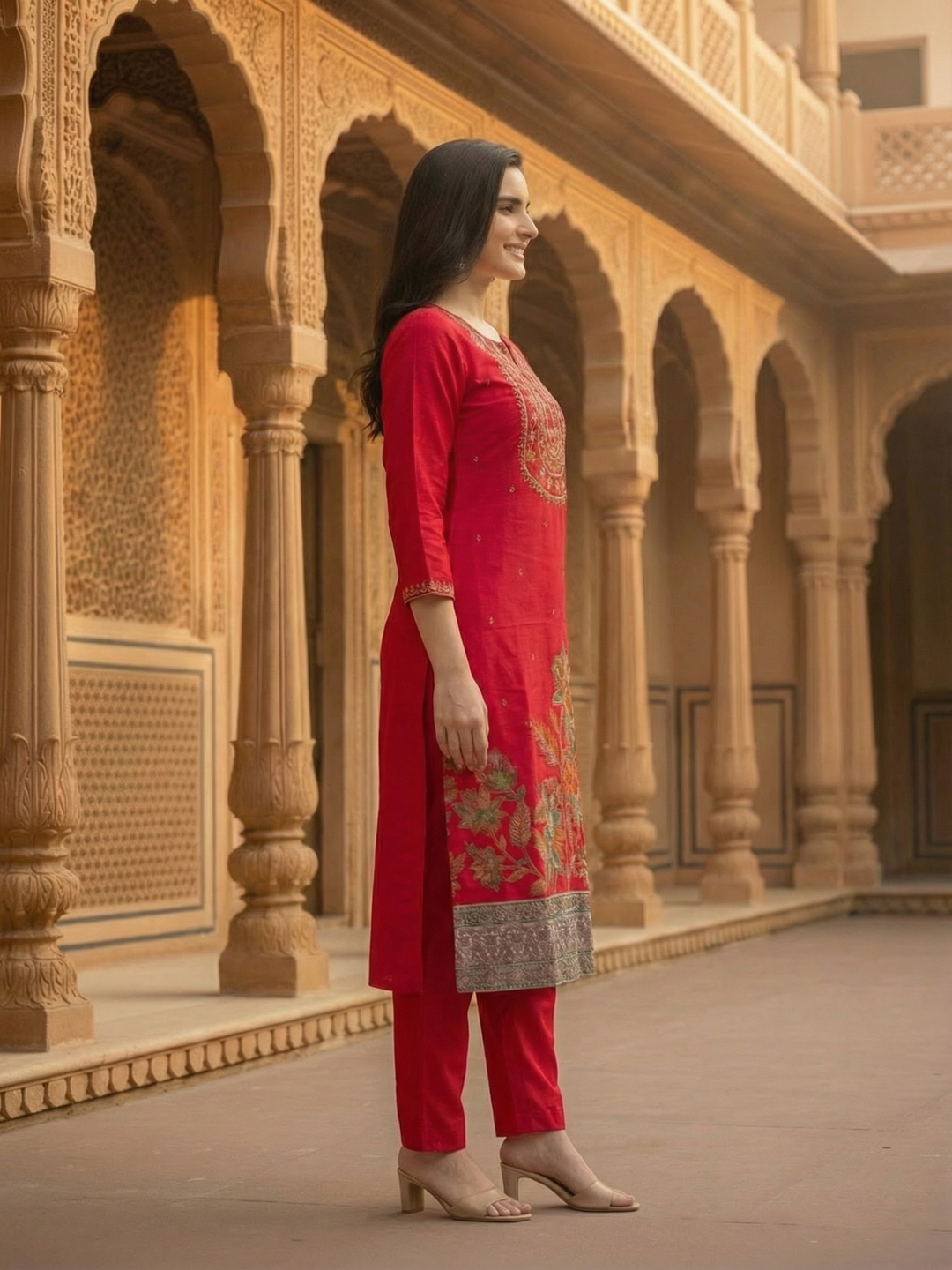 Floral Foil Printed & Embroidered Straight Kurta with Pant & Dupatta - Rani