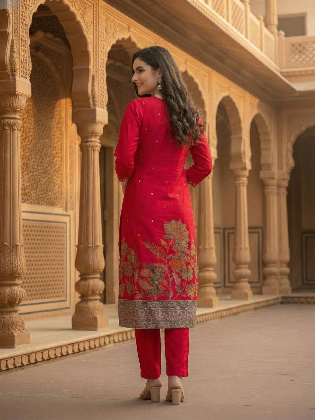 Floral Foil Printed & Embroidered Straight Kurta with Pant & Dupatta - Rani