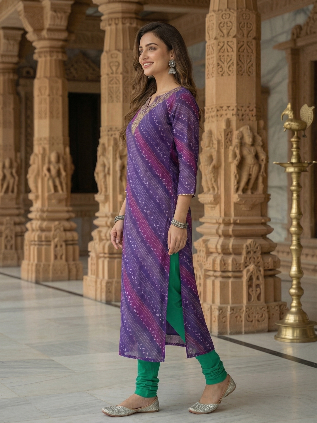 Ethnic Bandhani Printed & Embroidered Straight Fit Kurta - Purple