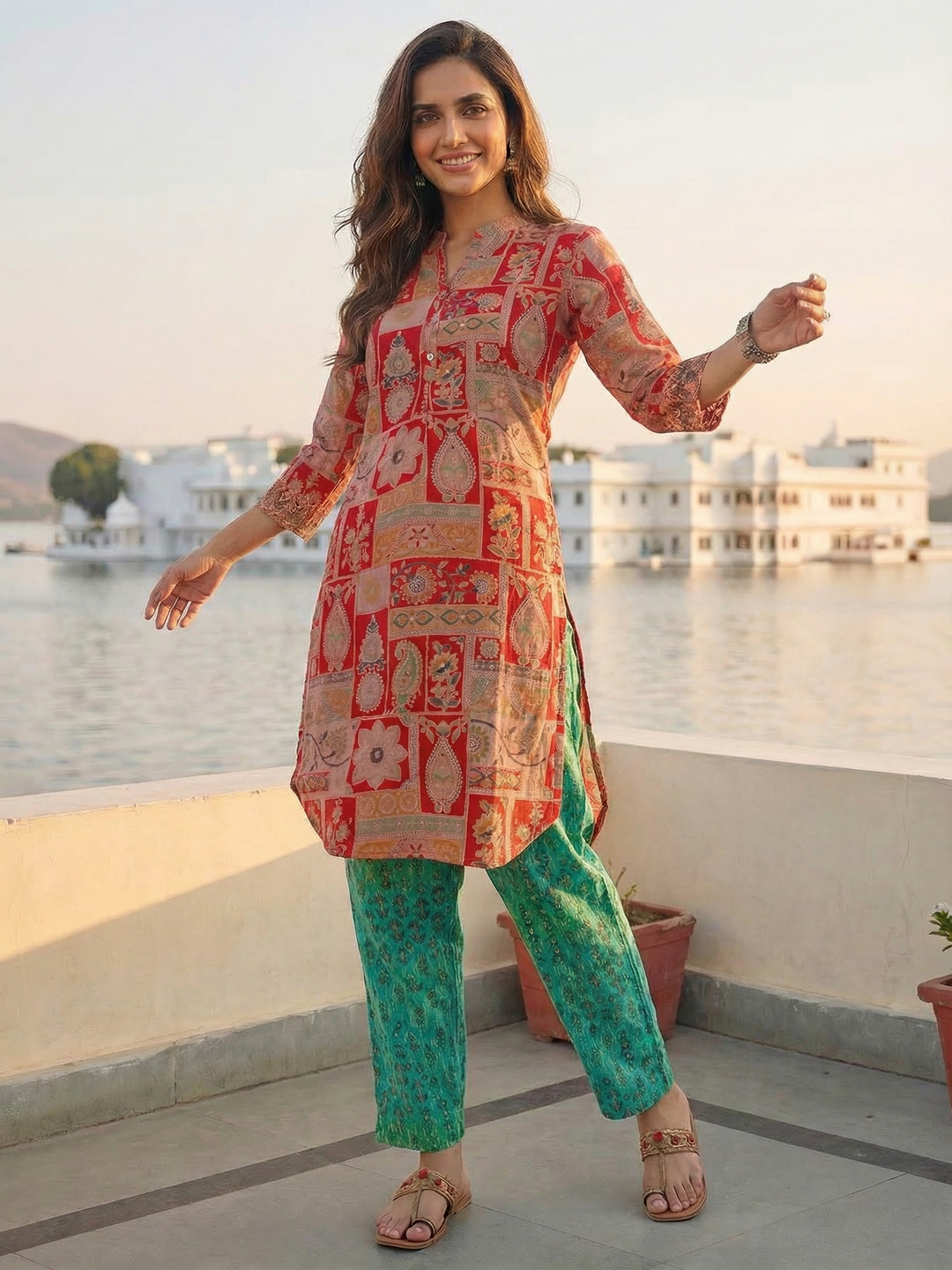 Ethnic Floral Printed & Embroidered Straight Fit Kurta - Red