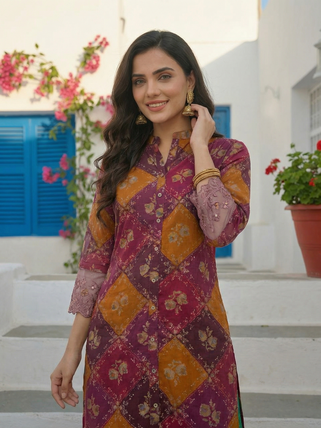 Ethnic Floral Printed & Embroidered Straight Fit Kurta - Purple