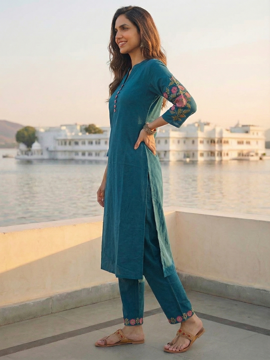 Solid Floral Embroidered Straight Kurta with Pant - Blue