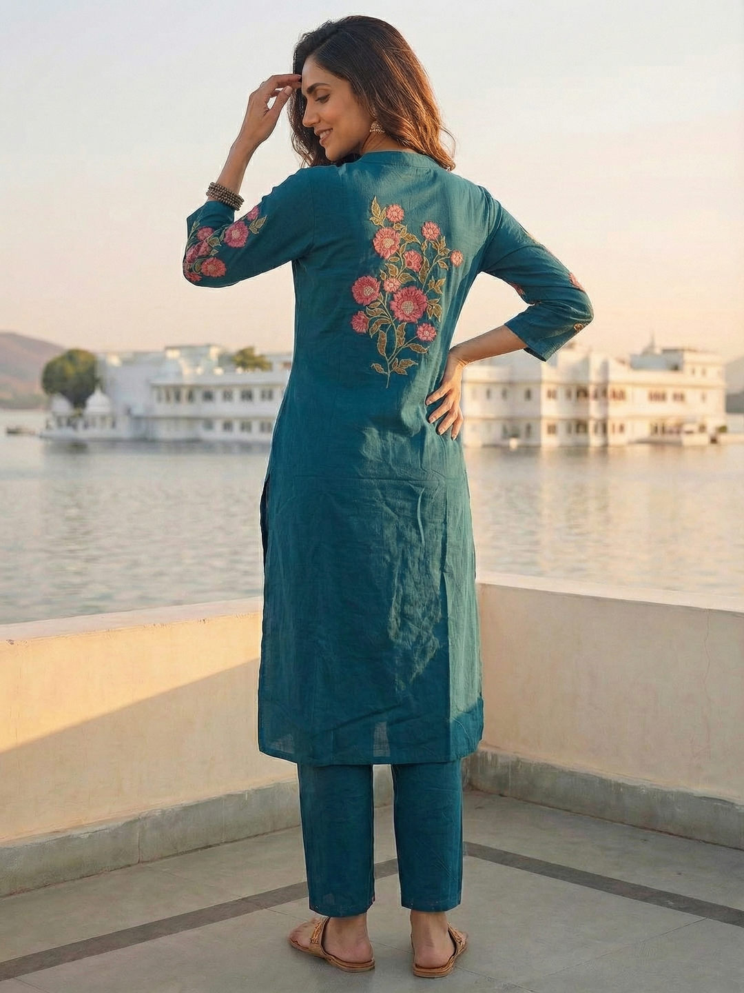 Solid Floral Embroidered Straight Kurta with Pant - Blue