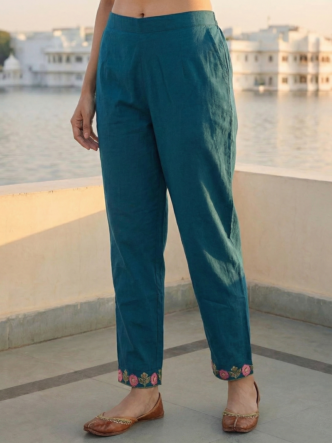 Solid Floral Embroidered Straight Kurta with Pant - Blue