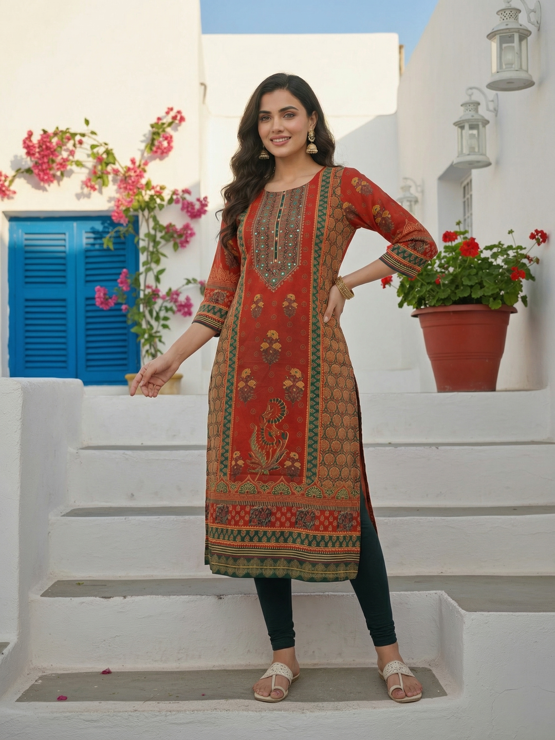 Ethnic Printed & Mirror Embroidered Straight Kurta - Red
