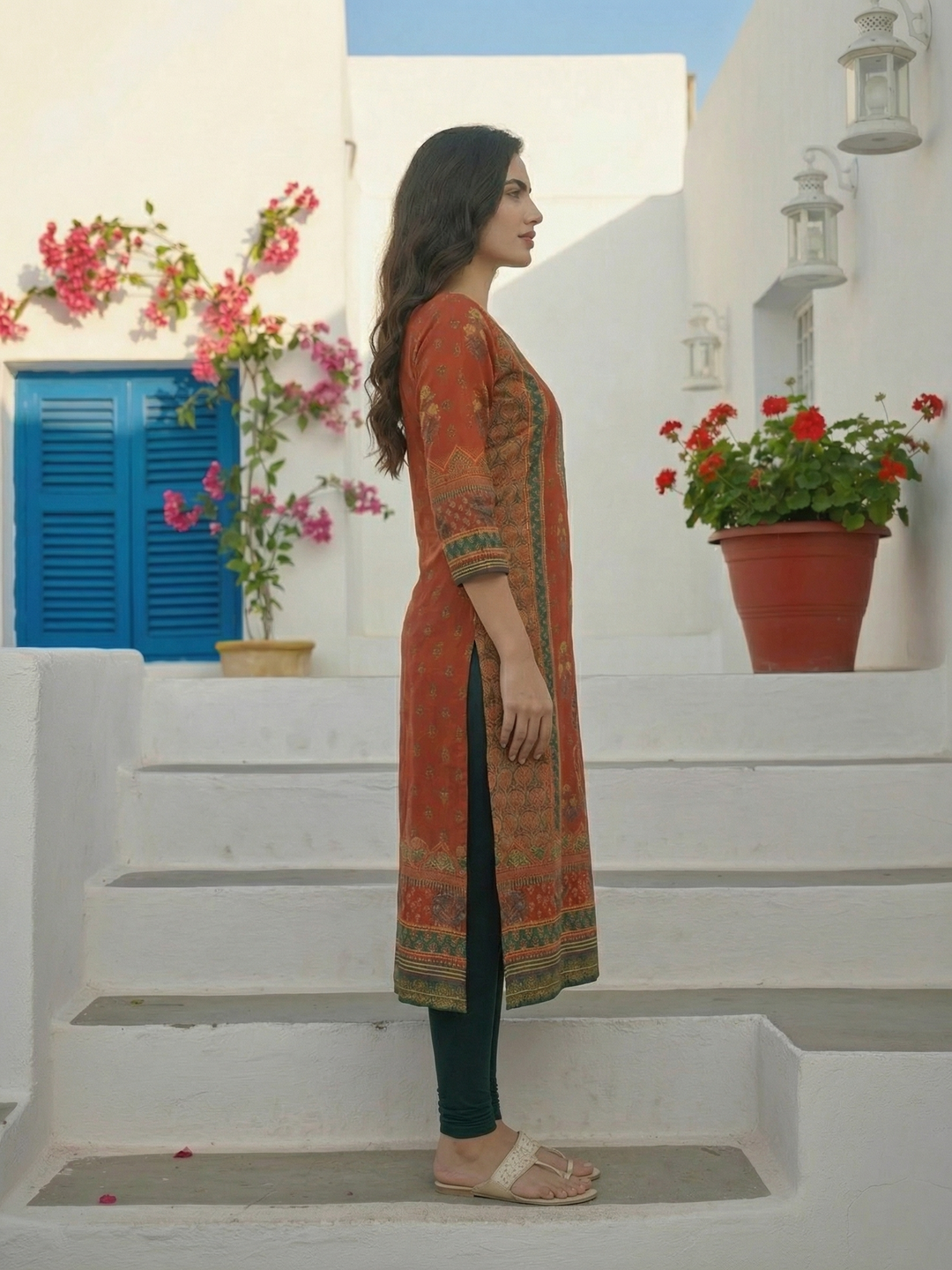 Ethnic Printed & Mirror Embroidered Straight Kurta - Red