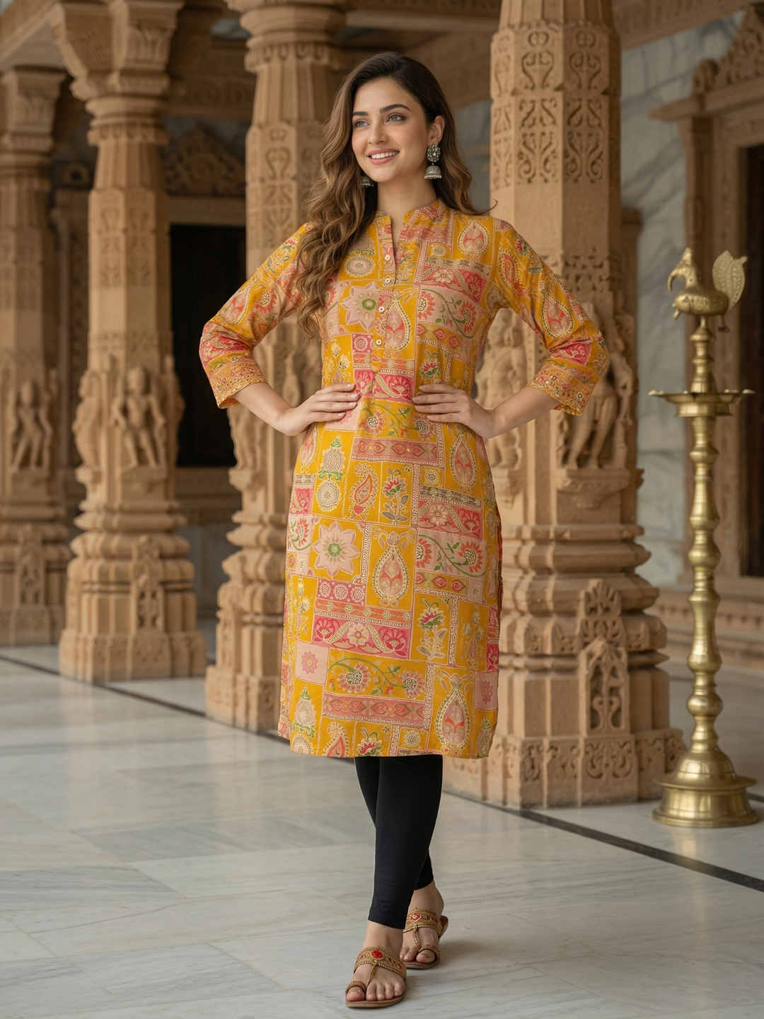 Ethnic Floral Printed & Embroidered Straight Fit Kurta - Yellow