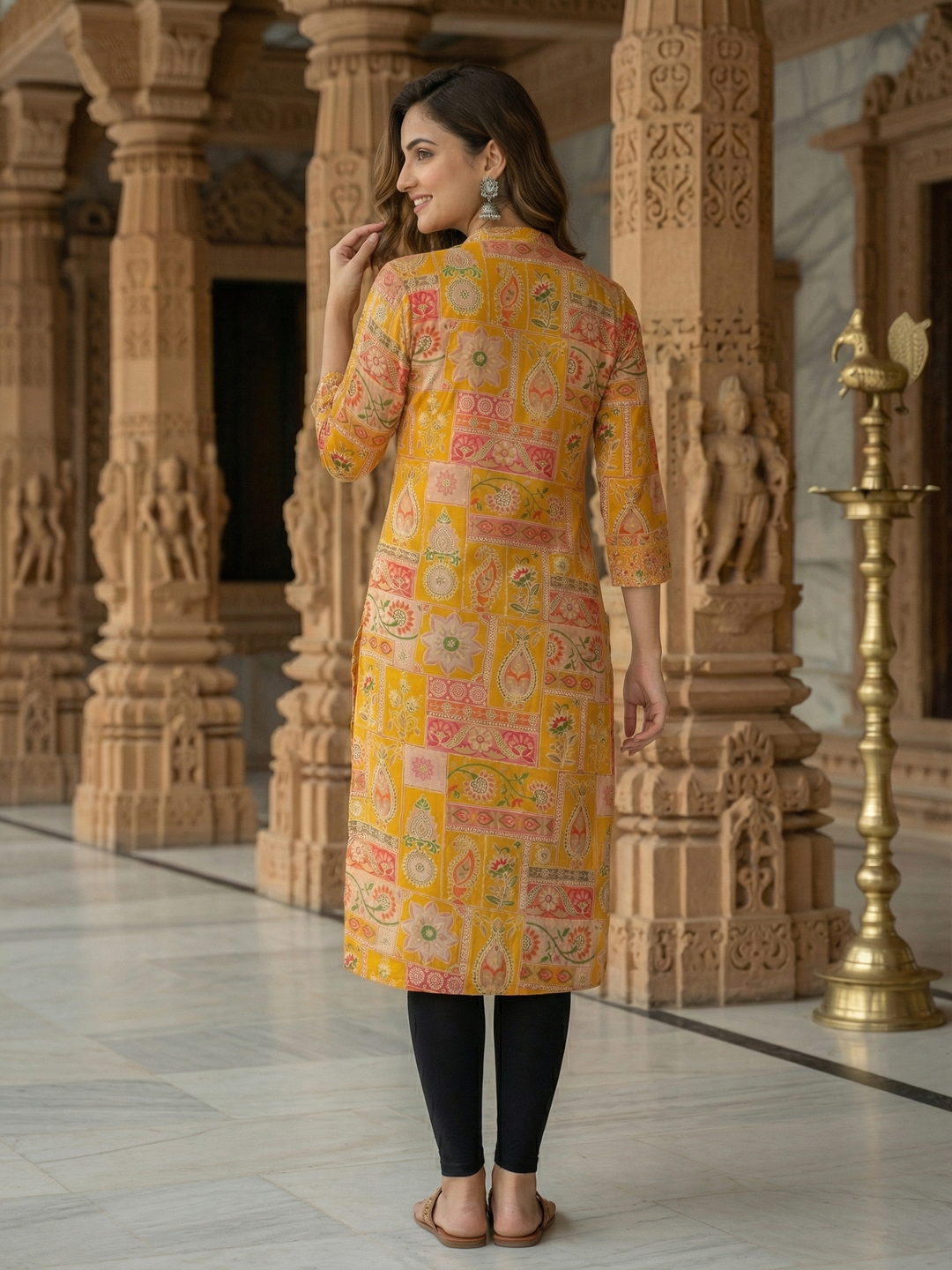 Ethnic Floral Printed & Embroidered Straight Fit Kurta - Yellow
