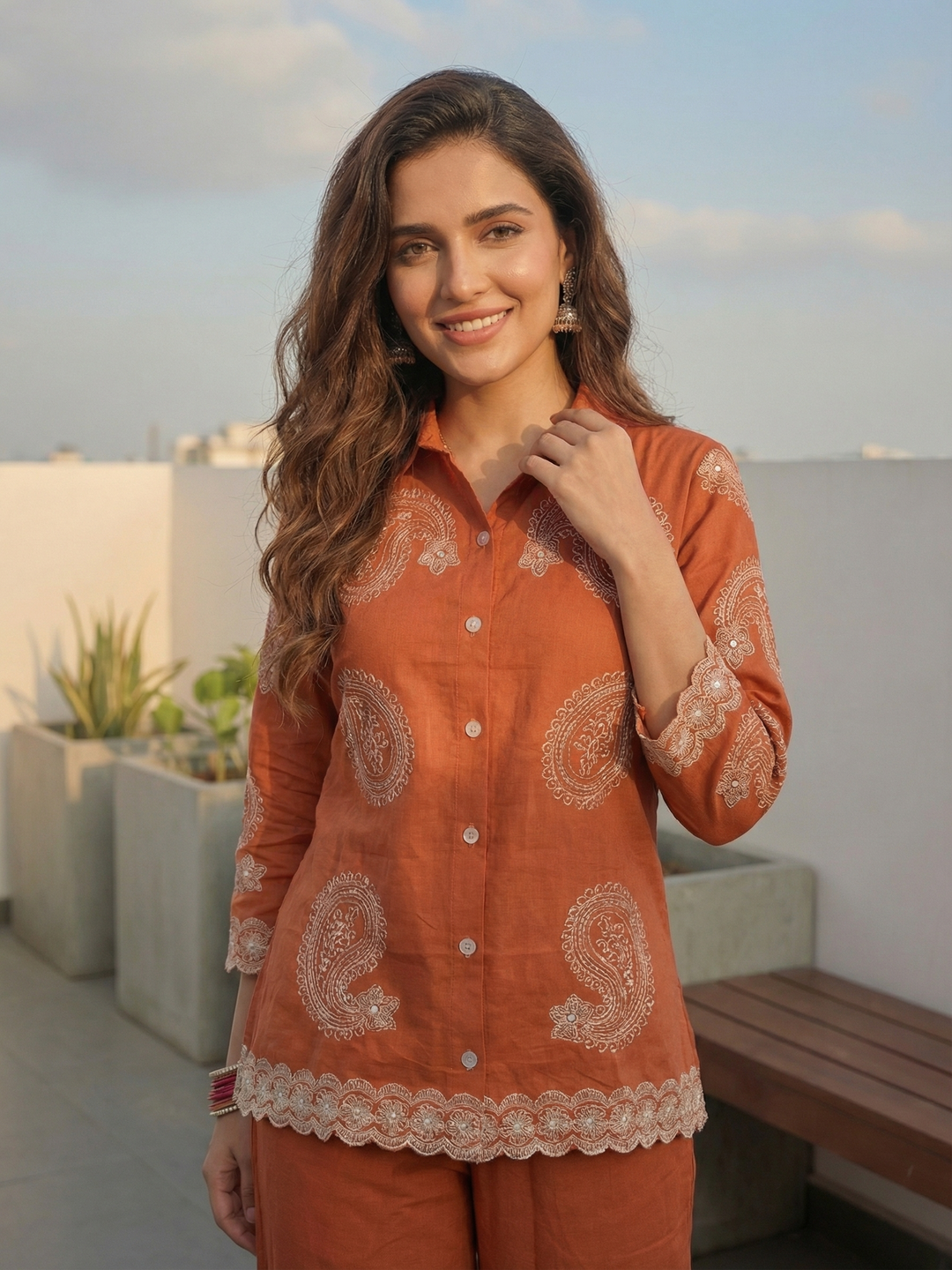 Solid Paisley Embroidered Straight Co-ord Set - Orange