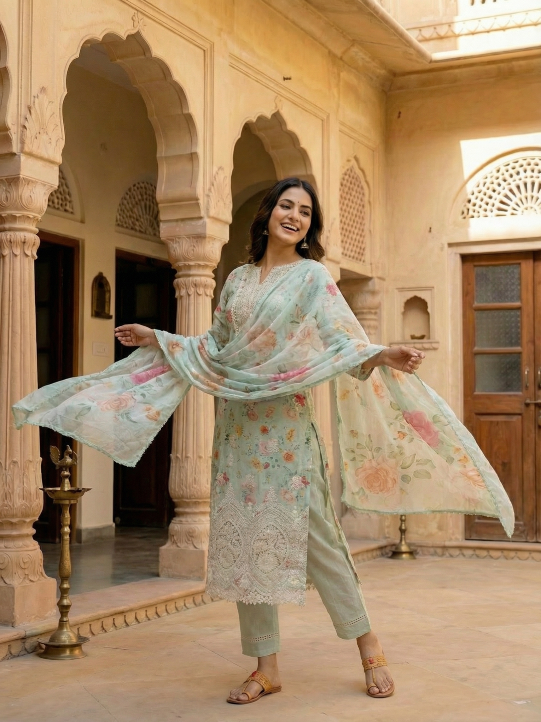 Floral Printed Embroidered Straight Fit Kurta with Pant and Dupatta - Powder Green