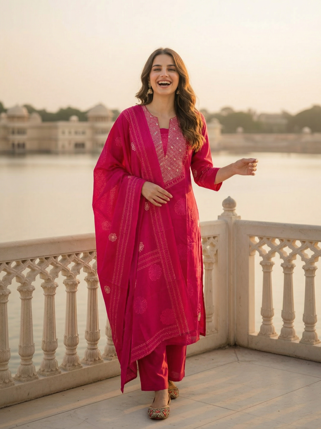 Embroidered Kurta Set with Dupatta - Rani Pink