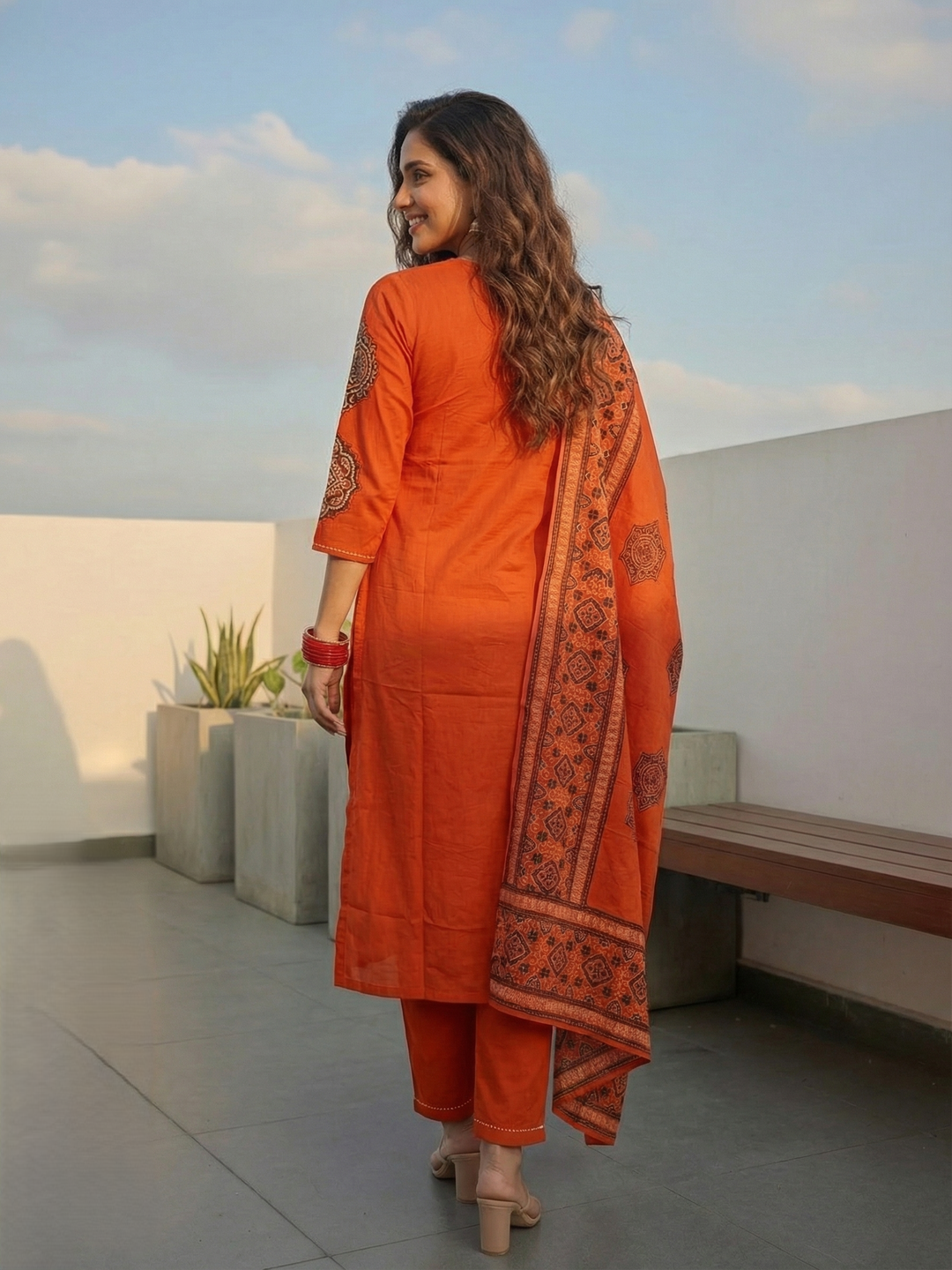 Embroidered Straight Kurta with Pant & Printed Dupatta - Burnt Orange