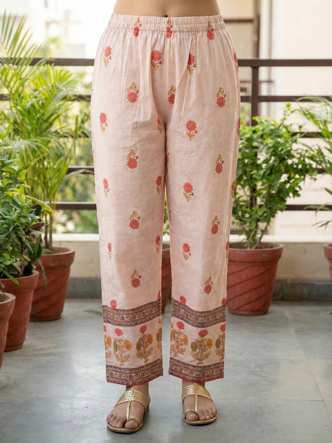 Ethnic Floral Printed & Schiffili Embroidered Straight Kurta with Palazzo & Dupatta - Peach