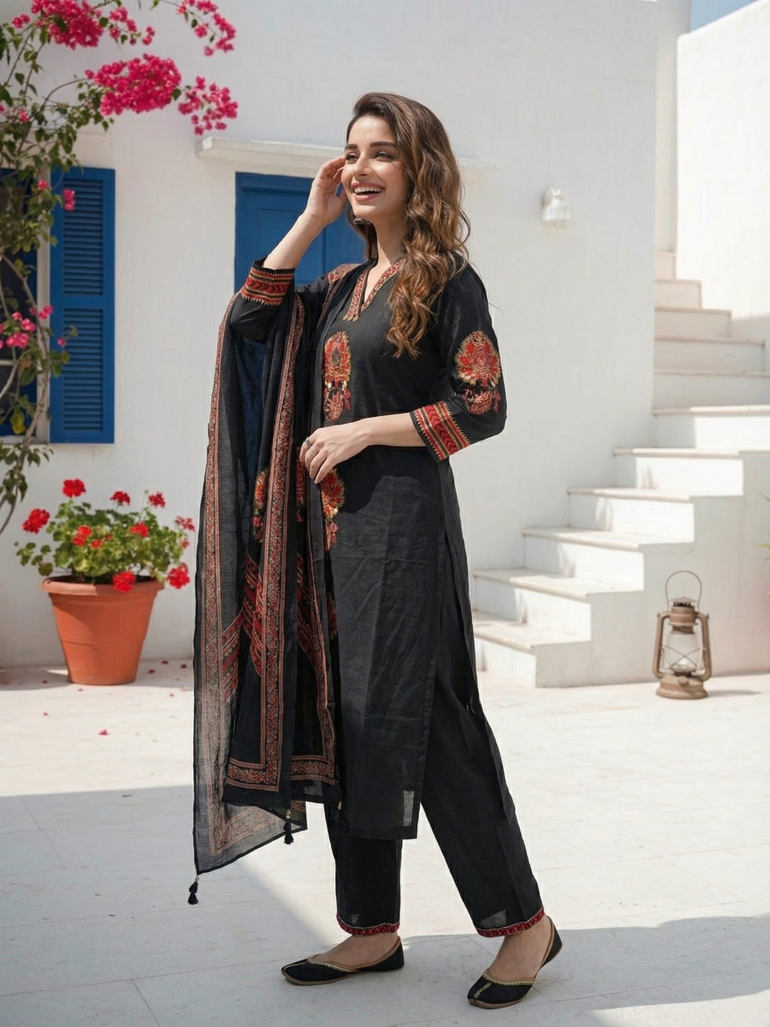 Embroidered Straight Kurta Set with Pant & Dupatta - Classic Black