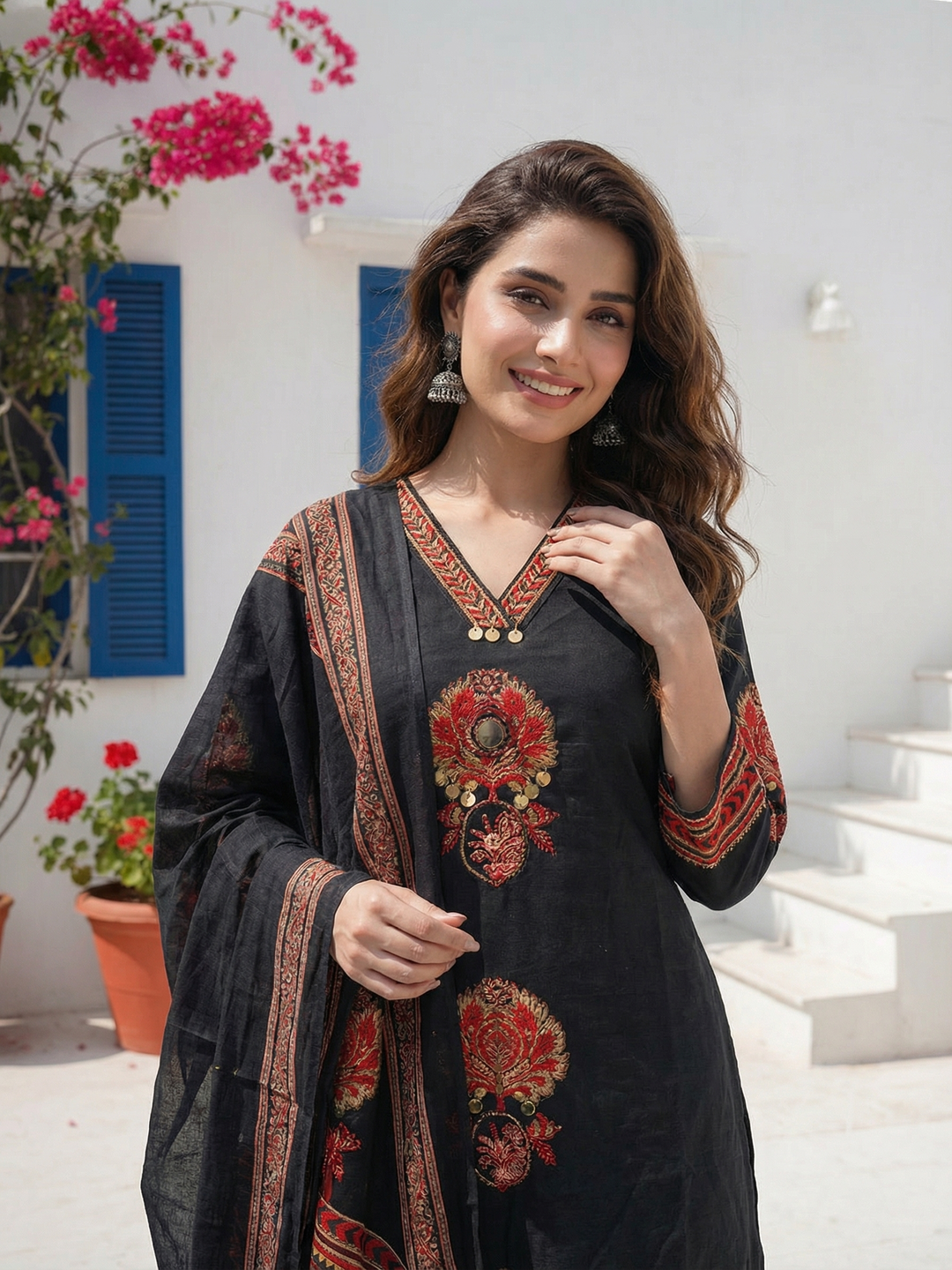 Embroidered Straight Kurta Set with Pant & Dupatta - Classic Black