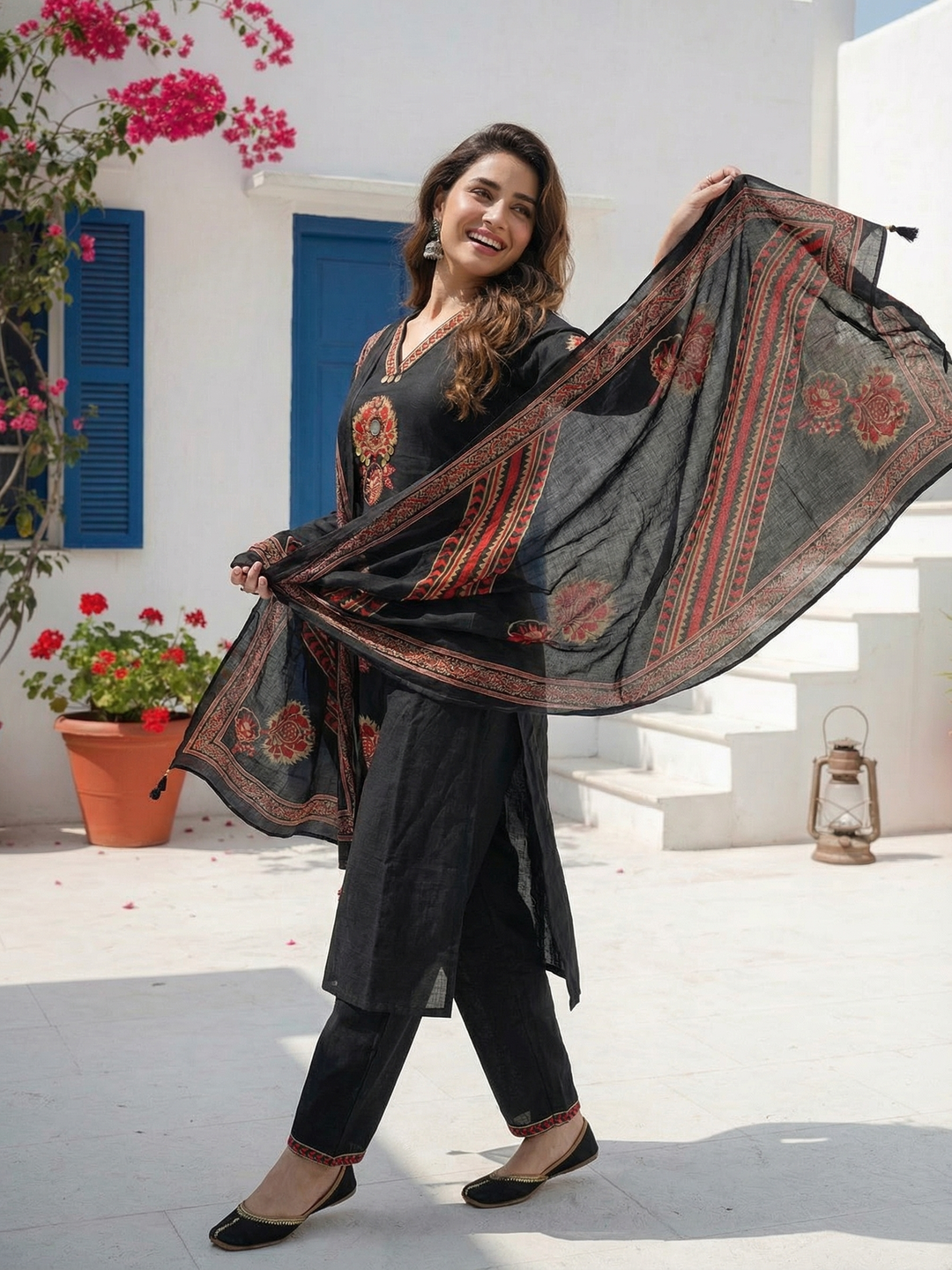 Embroidered Straight Kurta Set with Pant & Dupatta - Classic Black