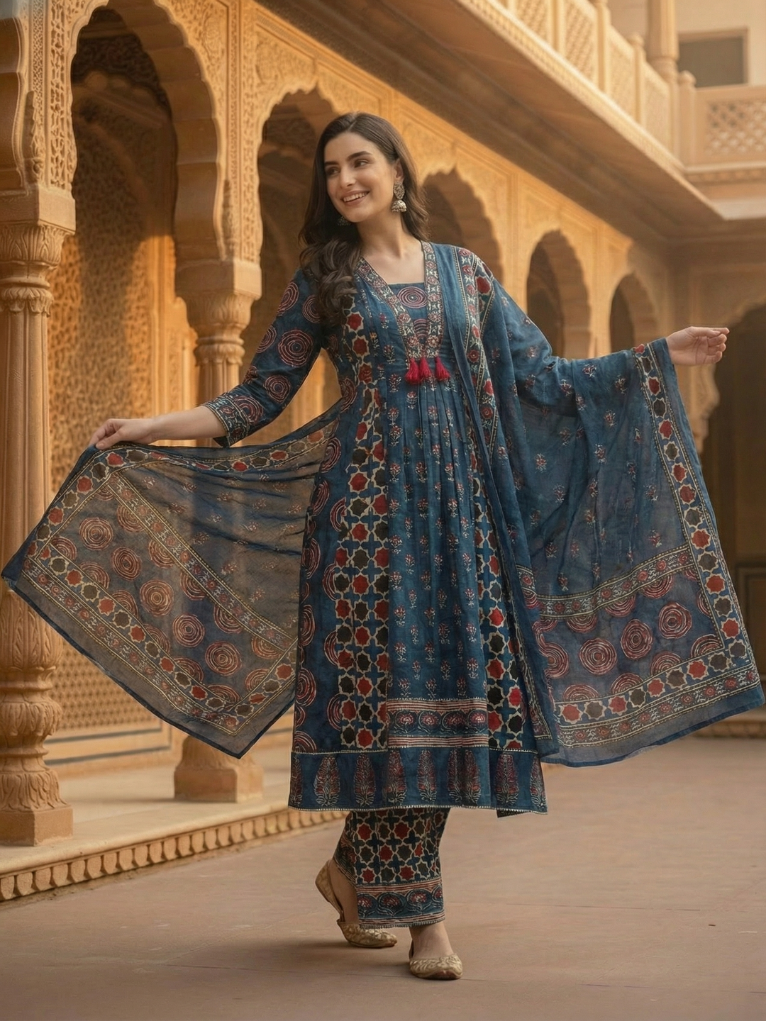 Ajrakh Ethnic Printed Mirror Work Anarkali Kurta with Palazzo & Dupatta - Navy Blue