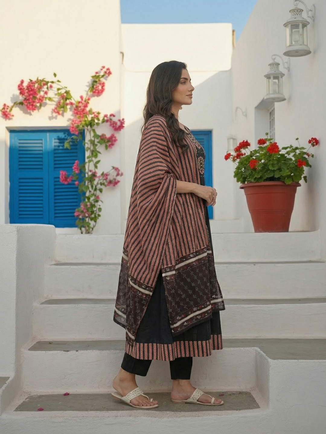 Striped Panel A-Line Kurta Set with Pant & Dupatta - Black & Rust