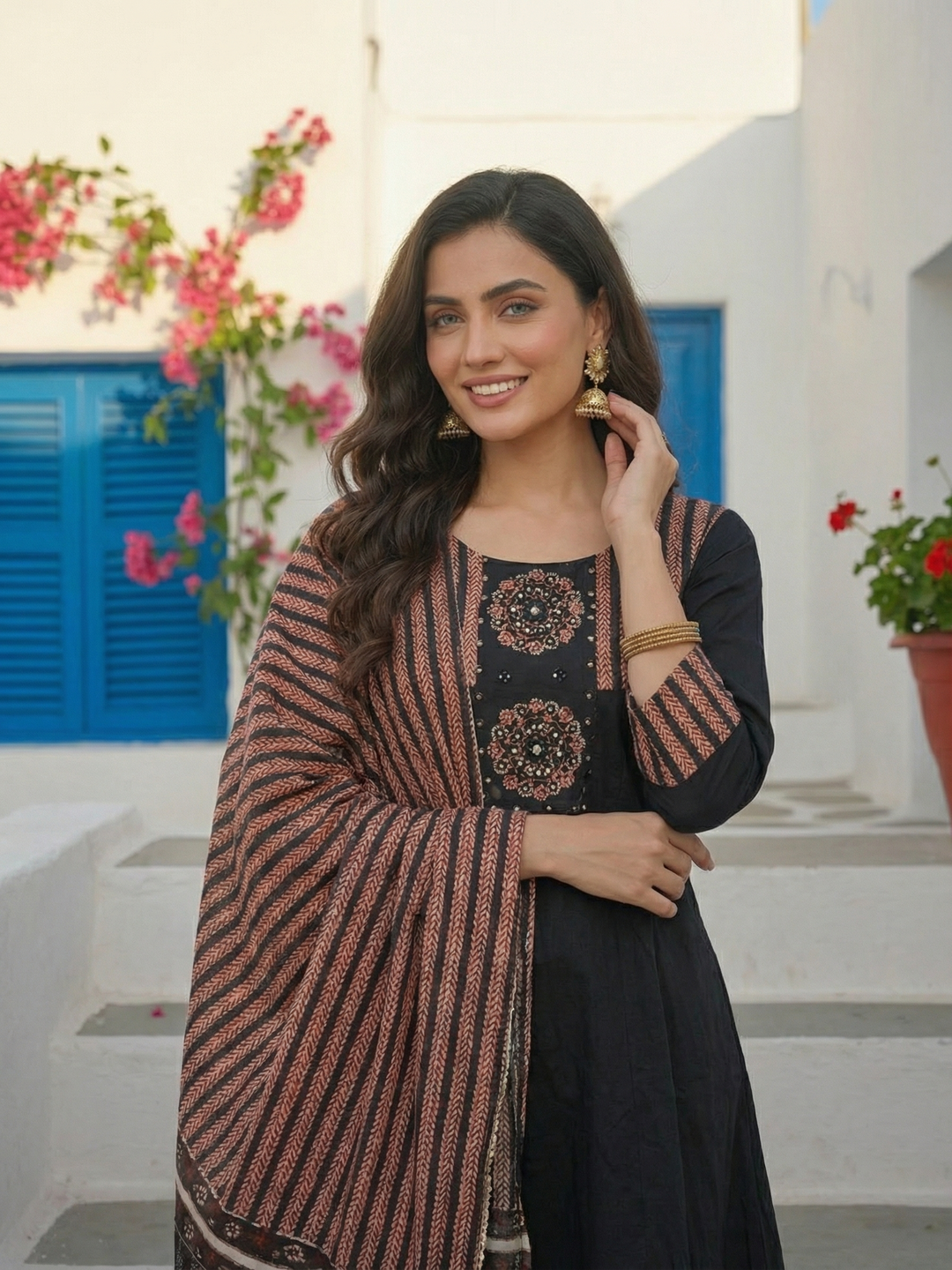 Striped Panel A-Line Kurta Set with Pant & Dupatta - Black & Rust