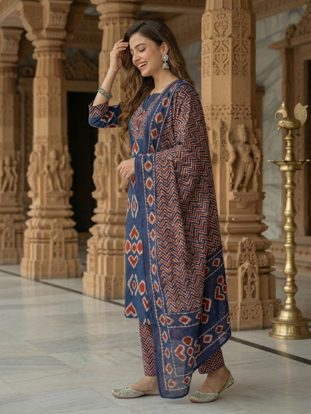 Printed Straight Kurta with Pant & Dupatta - Indigo Blue