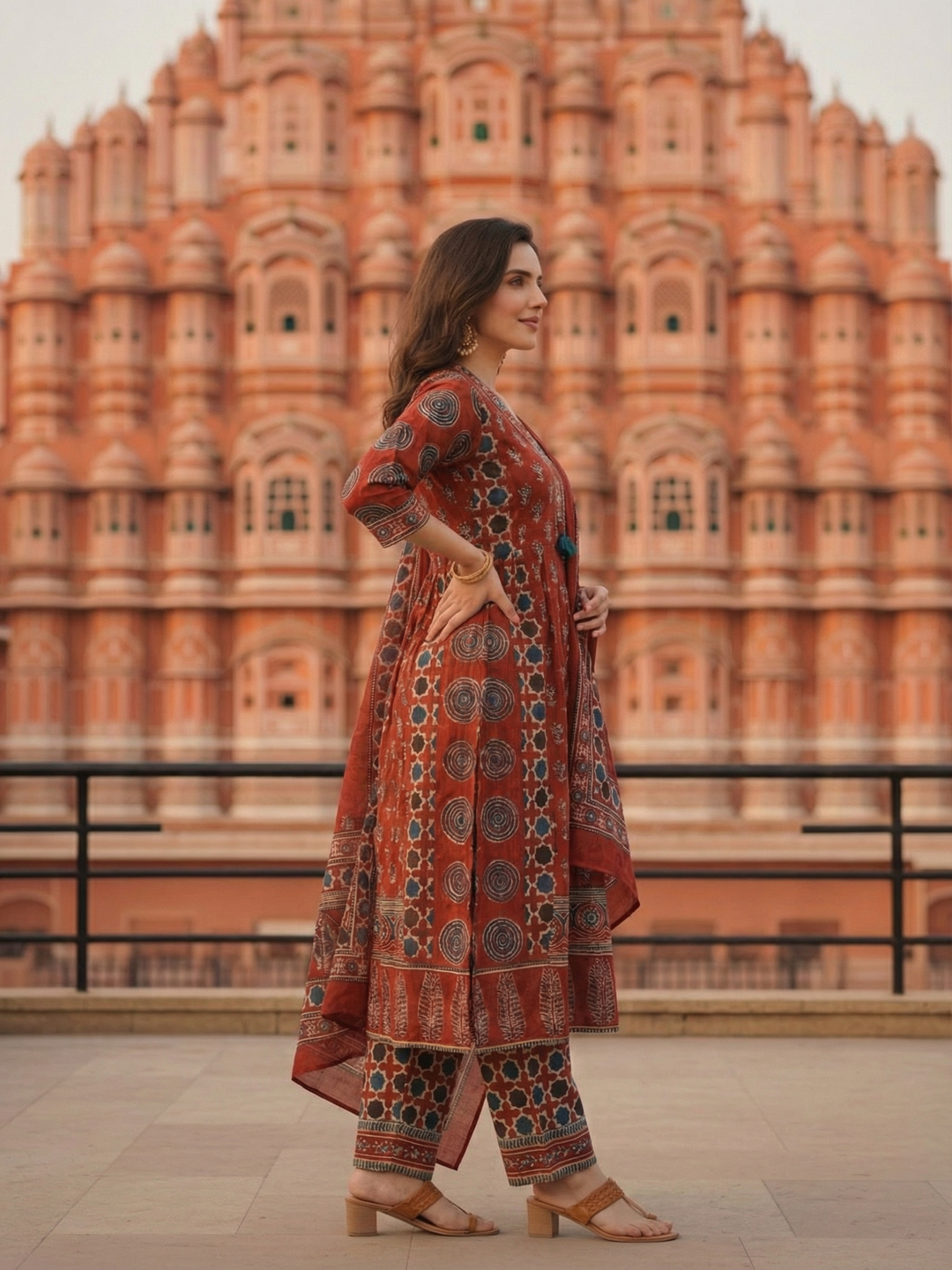 Ajrakh Ethnic Printed Mirror Work Anarkali Kurta with Palazzo & Dupatta - Maroon
