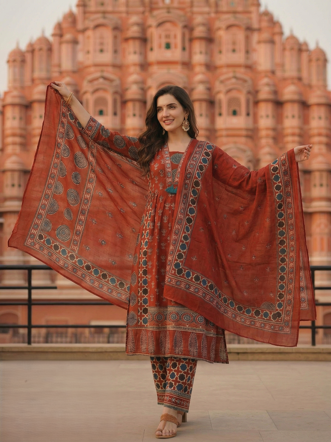 Ajrakh Ethnic Printed Mirror Work Anarkali Kurta with Palazzo & Dupatta - Maroon
