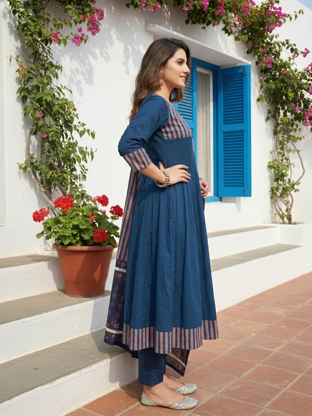 Panelled A-Line Kurta Set with Pant & Dupatta - Indigo Blue