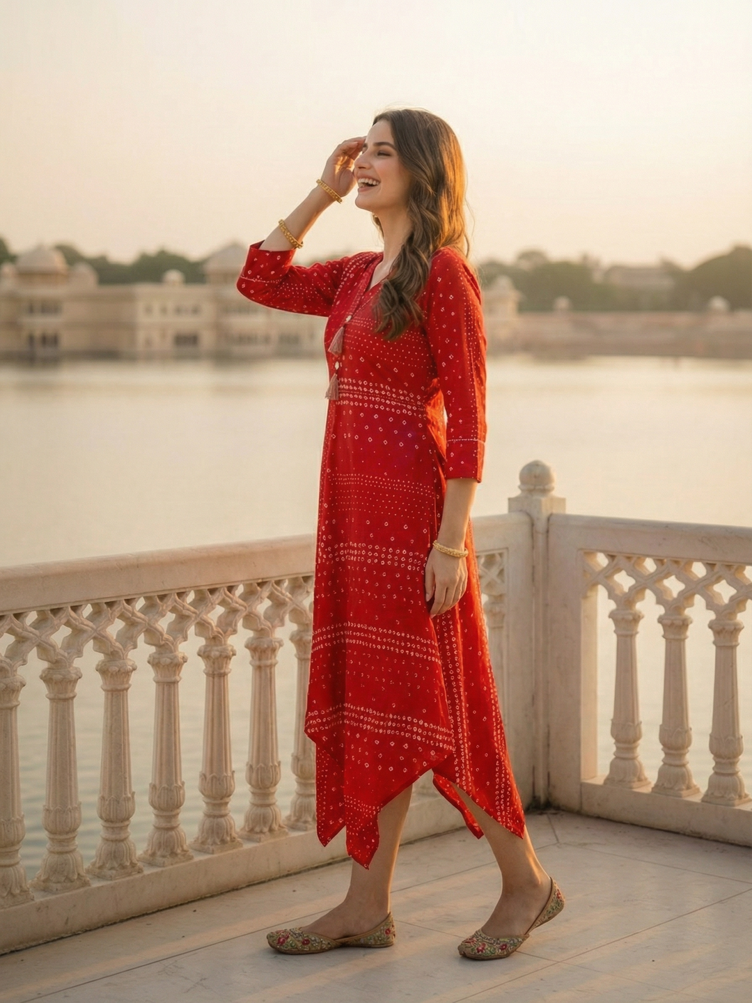 Bandhani Printed Asymmetric Kurta - Red