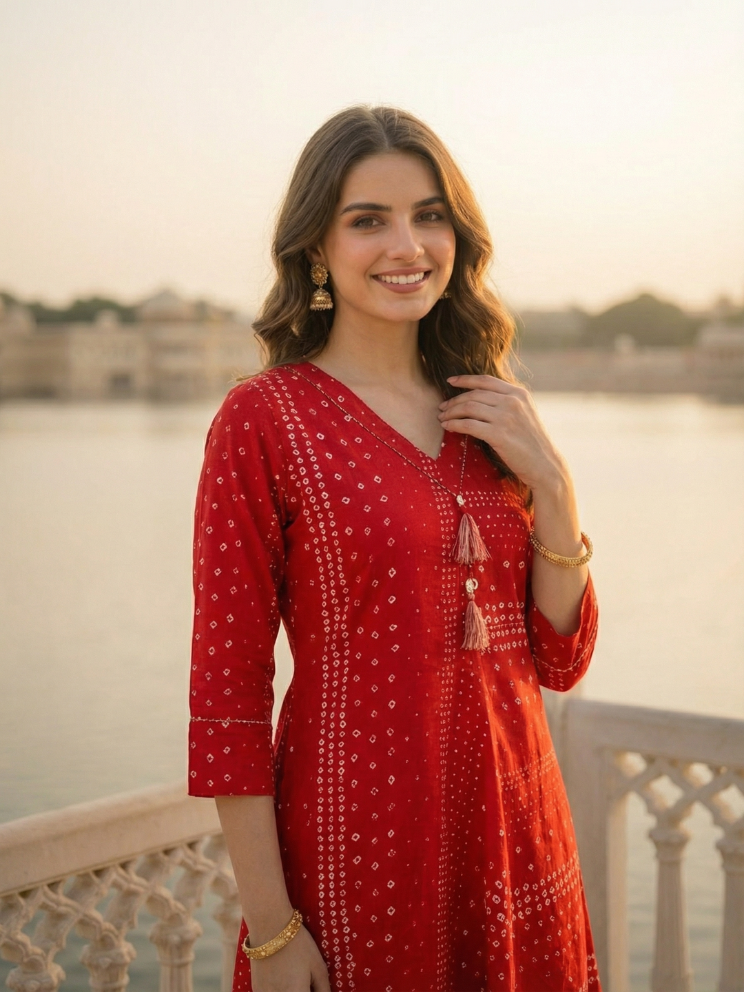 Bandhani Printed Asymmetric Kurta - Red