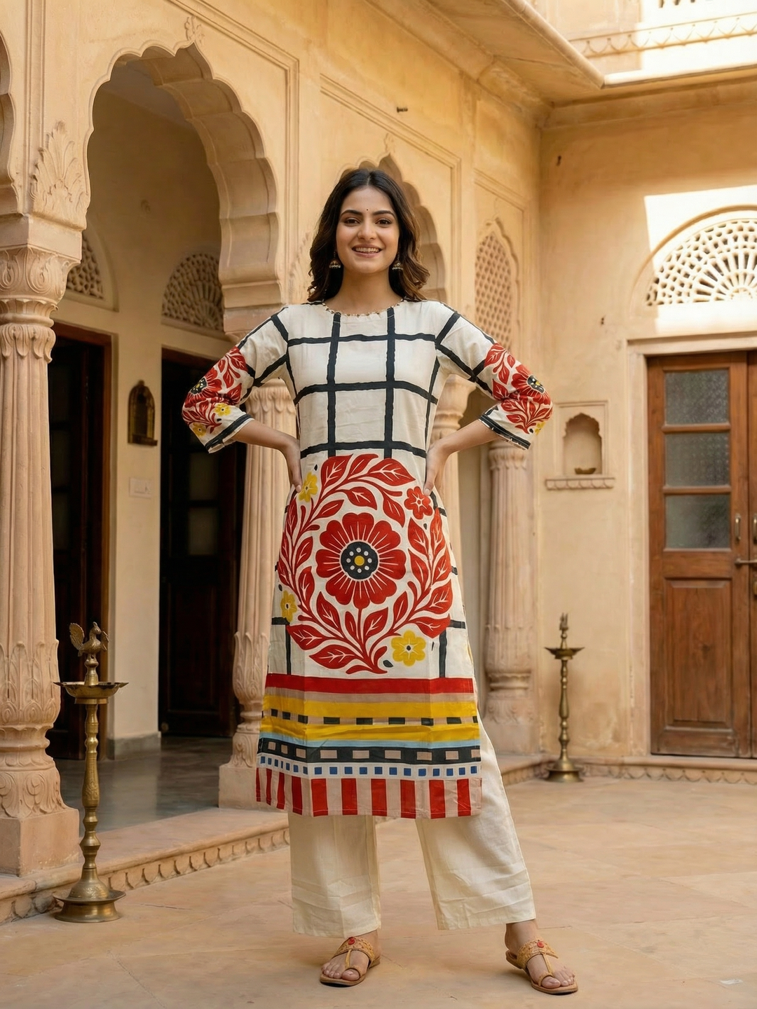 Abstract Printed Mirror Work Straight Kurta with Palazzo - Cream