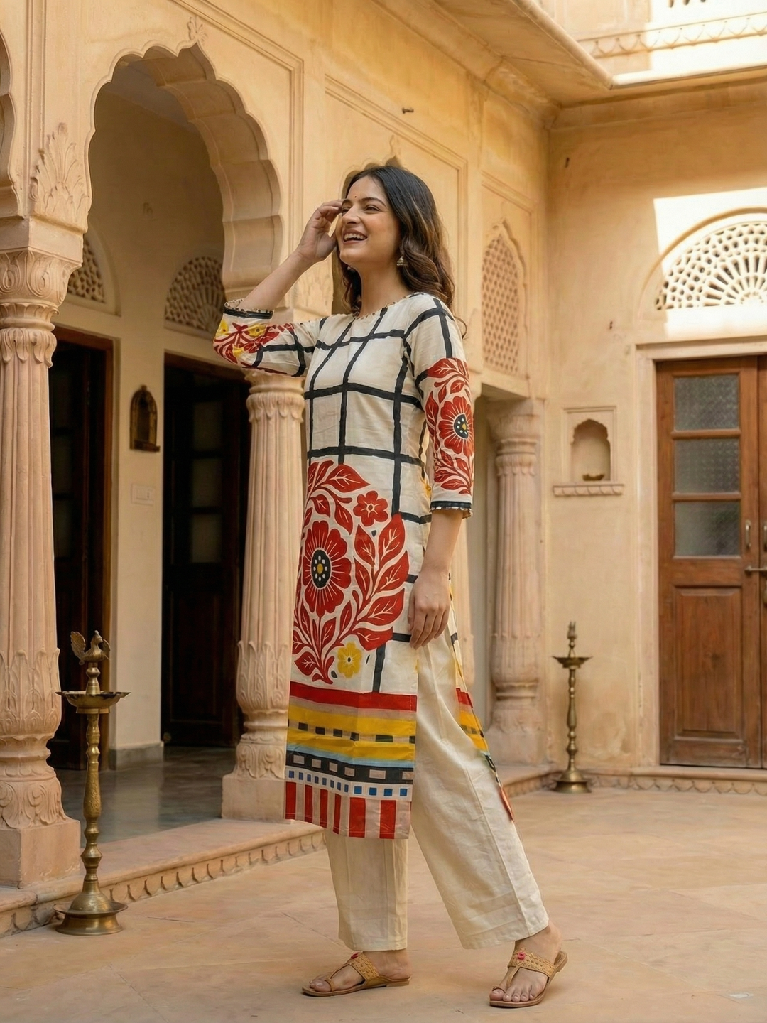 Abstract Printed Mirror Work Straight Kurta with Palazzo - Cream