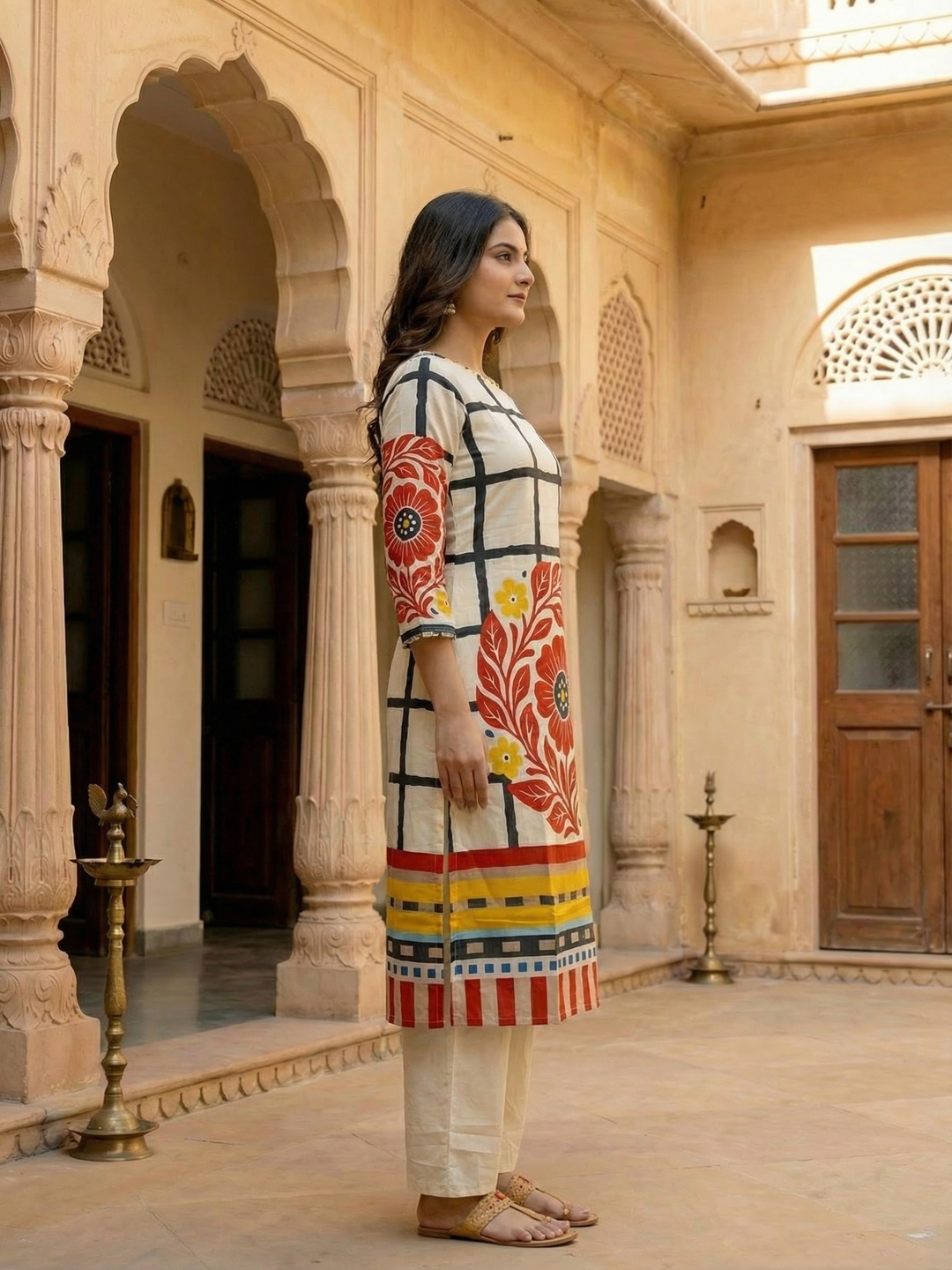 Abstract Printed Mirror Work Straight Kurta with Palazzo - Cream