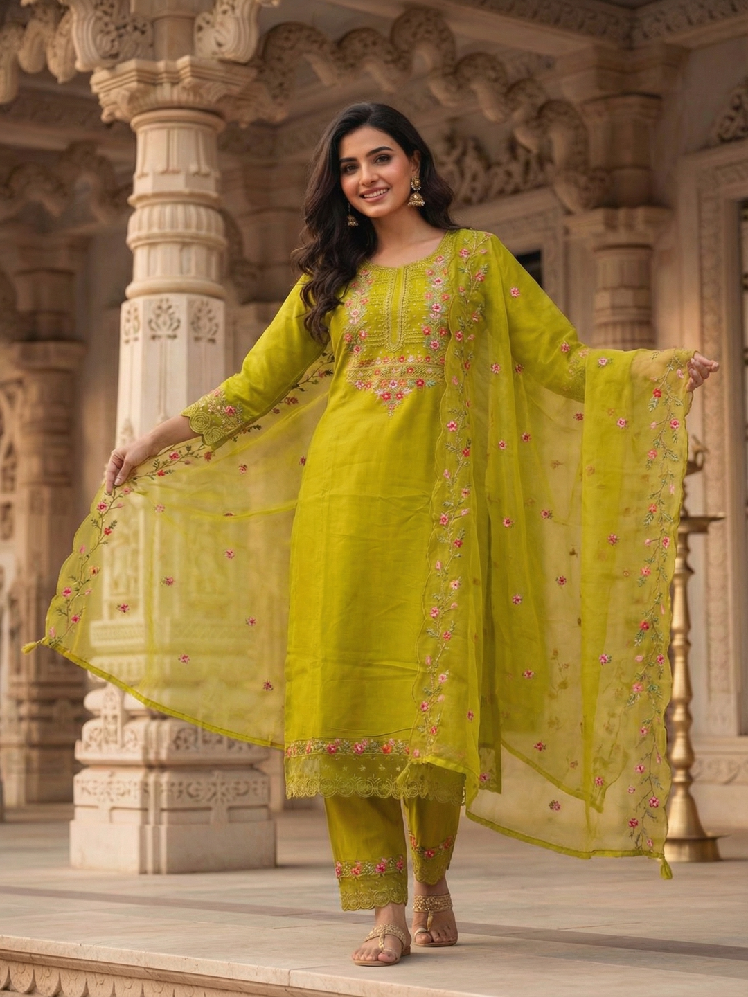 Solid Embroidered Panelled A-Line Kurta with Pant & Tissue Dupatta - Mehndi Green