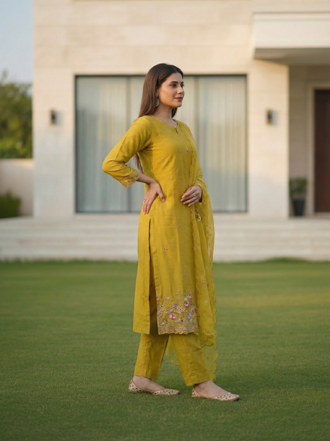 Solid Embroidered Straight Kurta with Pant & Tissue Dupatta - Mustard