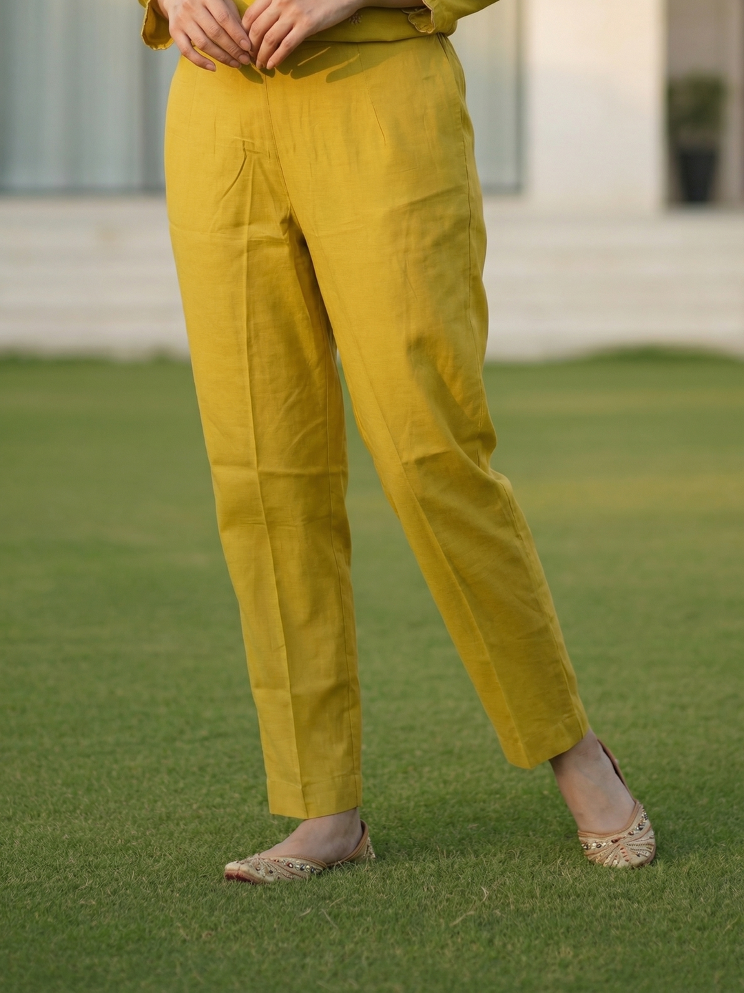 Solid Embroidered Straight Kurta with Pant & Tissue Dupatta - Mustard