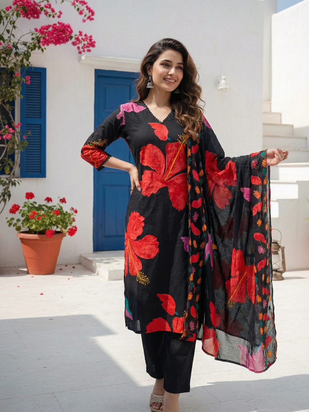Abstract Floral Printed Straight Kurta with Pant & Dupatta - Black