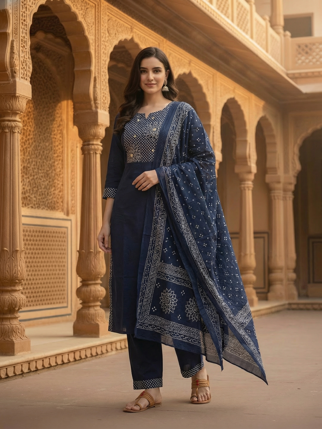 Solid Bandhani Printed Yoke Straight Kurta with Pant & Dupatta - Navy Blue